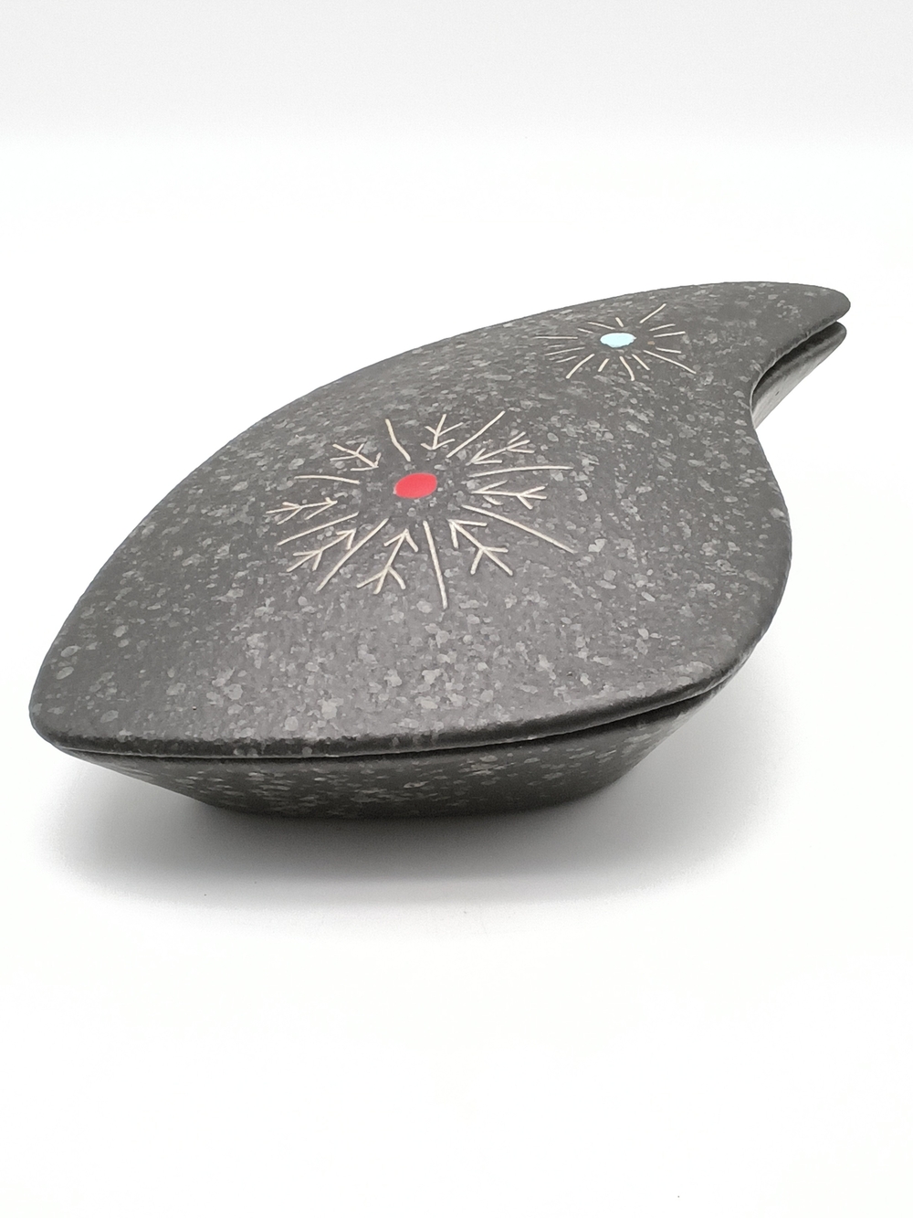 Atomic Starburst Teardrop Trinket Box - Vintage MCM Grey Speckled Ceramic